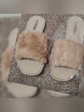 Beige Faux Fur Slide Mules with Rhinestone Trim